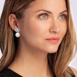 Ross-Simons 13.5-14mm Cultured Pearl and 10.00 Aquamarine Earrings in Sterling Silver