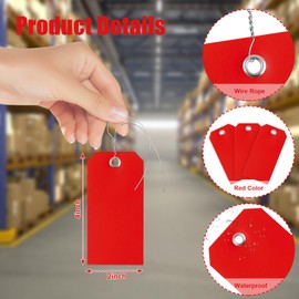 100 Pieces 2x4 inch Plastic Shipping Tags with Wires Heavy Duty Hang Tags with String Waterproof Labeling Tags with Reinforced for Gift Luggage Garage Inventory (red)