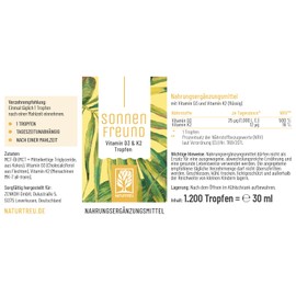 Naturtreu® Vitamin D3 K2 Drops, High Dosage and Vegan – 100% Vegetable (without Animal Lanolin) – 1000 IU Vitamin D + Vitamin K2 – Sun Friend