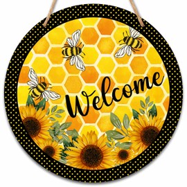 Welcome Sign for Front Door, Honey Bee Round Hanging Sign With Rope, Sunflower Wall Decor For Farmhouse Home Front Door Porch, Housewarming Gifts for Family Friend, A11
