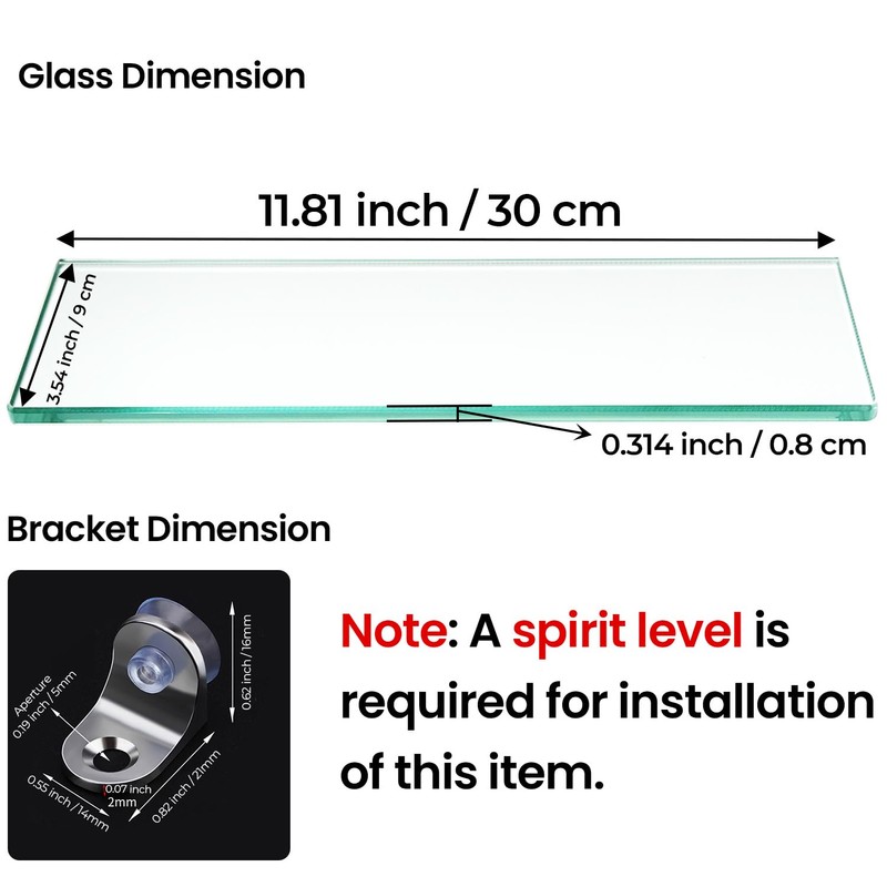Biutimarden 11.81” Tempered Glass Niche Shelf with 4 Small Brackets