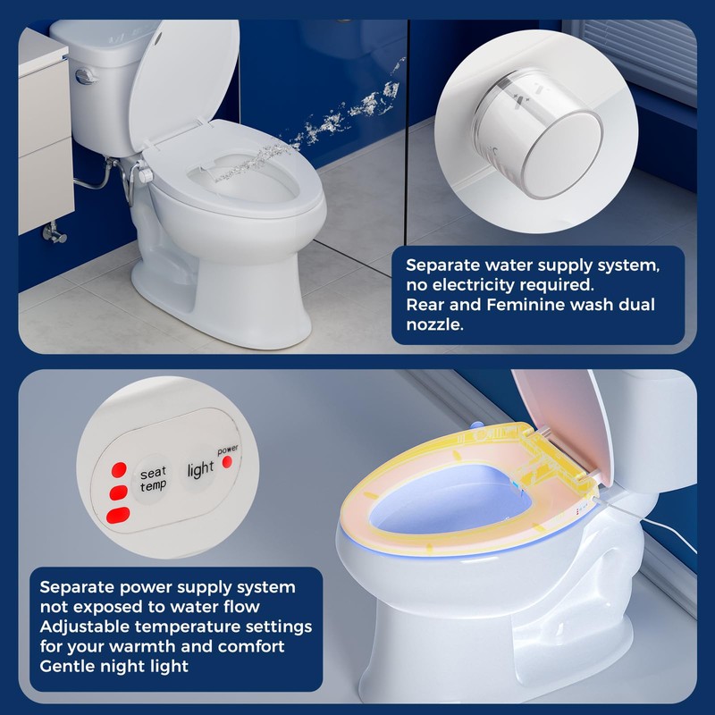 Elongated Heated Toilet Seat with Night Light, Three Temperature Settings