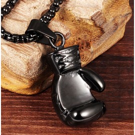Hamoery Men Women Punk Stainless Steel Black Boxing Glove Chain Pendant Necklace(Black(Men))