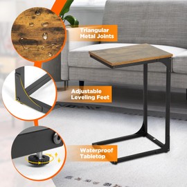 FDW C-Shaped End Table Wooden Top Side Table Adjustable Feet Small Cough Table Bedside End Table with Metal Frame for Bedroom Living Room,Set of 2,Brown