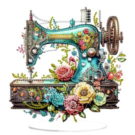 EOBROMD Sewing Machine Diamond Art Desktop Ornament Kit, 5D Flowers Diamond Painting Kits for Adults, Special Shape Diamond Crystal Art Kits for Table Decor Gifts