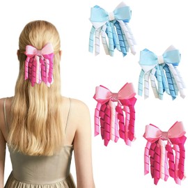 4PCS Valentine's Day Curly Ribbon Hair Bow Clips for Women Girls, Pink Handmade Cheer Hair Accessories for Festival Party