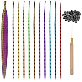 20Pcs Feather Hair Extensions, Colored Hair Extensions Kits, Colorful Hairpieces Feathers, Synthetic Hair Extension Kits with 50 Micro Beads and 1 Crochet Hook for Girls Women