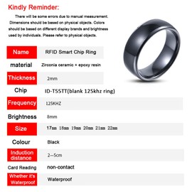HECERE T5577 or UID chip RFID Black Ceramics Smart Finger rewrite Ring 125KHZ/13.56MHZ Wear for Men or Women (T5577 125KHZ-18MM)