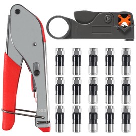 QCCAN Coax Cable Crimper Kit Tool for RG6 RG59, Coaxial Compression Tool Kit with 15pcs F RG6 RG59 Connectors (15pcs Black with tools)