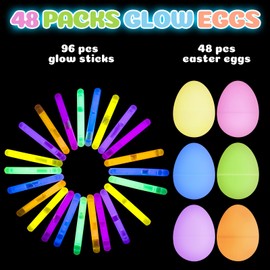 IJIGU 48 Pcs Easter Eggs with 96 Mini Glow Sticks for Easter Egg Hunt，Glow-in-The-Dark Basket Stuffers Fillers Gift, Easter Party Favors Decorations Supplies and Classroom Prize for Kids