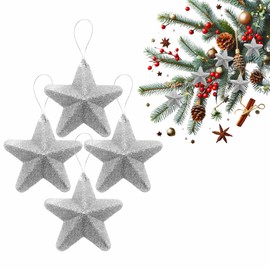 Star Baubles Five Pointed Hanging Stars Plastic Glitter Xmas Star Pendants With Attached String Silver Glittered Star Christmas Tree Decorations For Xmas Party New Year Festive Holiday Decor (4 Pack)