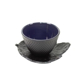 2 Sado Black Leaf Teacup Saucer+ 2 Black Polka Dot Hobnail Japanese Cast Iron Tea Cup Teacup
