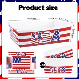Rainmae 50 Pack Independence Day Paper Food Trays, Disposable Paper Serving Tray with American Flag Pattern for French Fries Nachos Snack Hot Dog Taco BBQ Popcorn 4th of July Patriotic Party Supplies