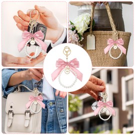 Pink Bow Keychain, Beige Pearl Keychain Coquette Keychain Cute Purse Keychain Bow Purse Charm Bow Bag Charm Keychain Bow Key Chains Wistlet Accessories Bow Gifts Keychains for Women Car Keys Bag Purse