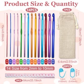 PXBSNB 36-Piece Crochet Hook Set, 14 Sizes 2 mm - 10 mm Crochet Hooks, Multicoloured Aluminium Knitting Needles with 20 Marking Needles, Ergonomic Tunisian Crochet Hook for Beginners, Lace Crafts,
