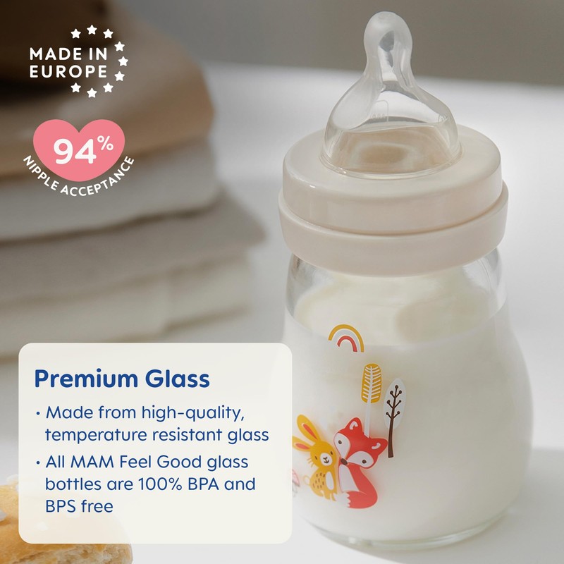 MAM Feel Good Slow Flow Premium Glass Bottle, Easy Switch