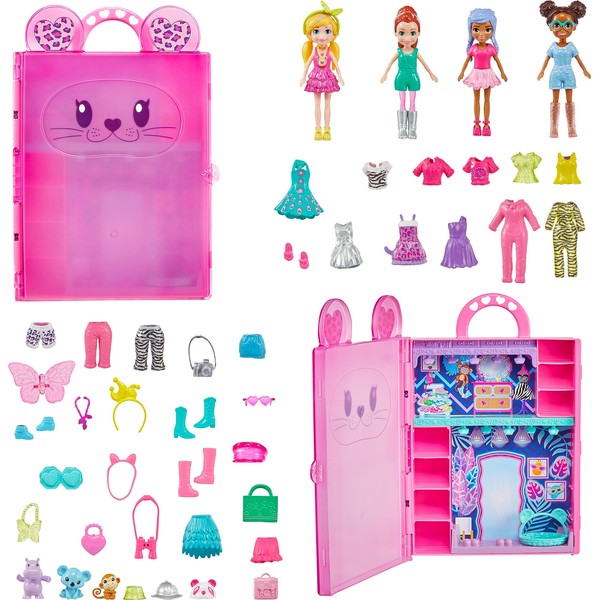 Polly Pocket Closet Playset with 4 Dolls (3-inch), 3 Pets & 50 Accessories, Stylin’ Safari Fashion Collection Carrying Case