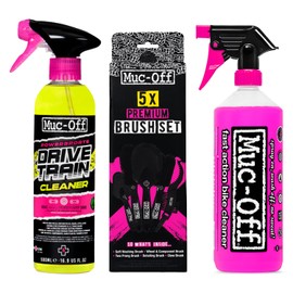 Muc-Off Bike Drivetrain Cleaner + Nano Tech Motorcycle Cleaner Spray 1L + 5x Premium Brush Set | Complete Motorcycle Cleaning Kit | | Eco-Friendly Formula | Gives a Clean Finish Easily