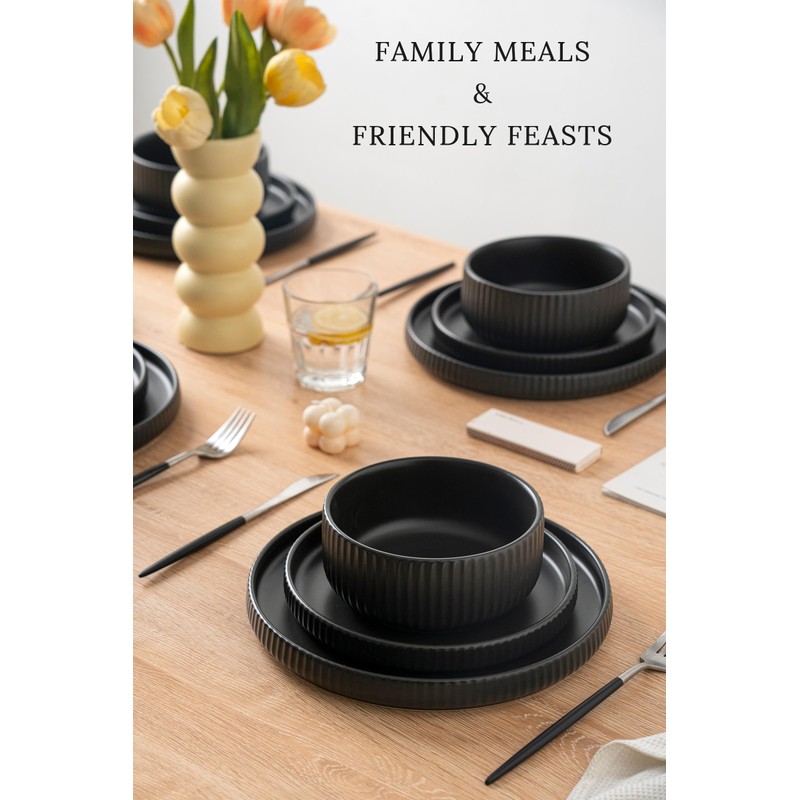 FOBENTA Modern Plates and Bowls Set for 6,18 Piece Black