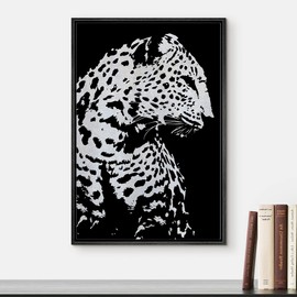 Color-Banner Framed Canvas Print Wall Art Side Profile of Spotted Leopard Animals Wildlife Illustrations Modern Art Chic Dramatic Dark Black and White for Living Room, Bedroom, Office - 24"x36" Black