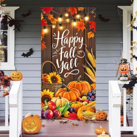 BlissYard Happy Fall Y’all Door Cover Thanksgiving Backdrop Pumpkin Sunflower Harvest 71x35 Inch Autumn Banner for Porch Party Decorations Wall Decor Photo Booth Props