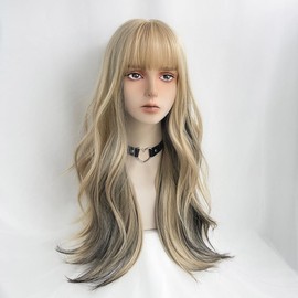 Generic Long Gold with Black Wavy Wig for Women Synthetic Curly with Bangs Fiber Cosplay Wig for Girls Daily Use Corlorful Wigs