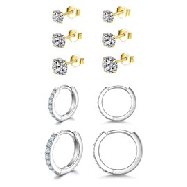 3 Pairs of Hoop Earrings Silver Earrings for Women, Small Earrings Set with Zirconia, 925 Silver Gold-Plated Hoop Earrings, Hypoallergenic, Small Sleeping Hoop Earrings Silver/Gold, 8 mm/10 mm/12 mm,
