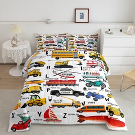 Feelyou Excavator Kids Comforter Fire Truck Police Car Boys Comforter Set Helicopter Motorcycle Ambulance Toddler Bedding Set Alphabet Vehicle Cars Quilt Set Decor with 1 Pillowcase 2Pcs Bedding Twin