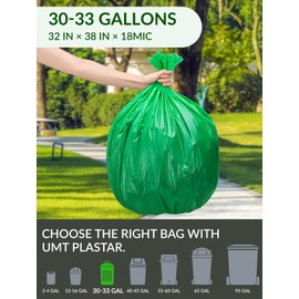 UMT Plastar 200 Count 100% Biodegradable & Compostable Trash Bags - 30-33 Gallon, 18 Microns, 32x38 Inches, Green Eco-Friendly
