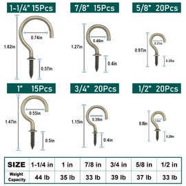 EIENHOSHI 105 Pcs Screw Hooks, 6 Sizes Bronze Cup Hooks, Screw Hooks for Hanging, Metal Cup Hooks Screw in (1/2", 5/8", 3/4", 7/8", 1'', 1-1/4")