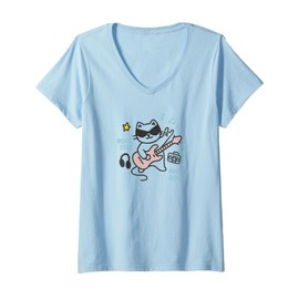 Womens Cool Rock Cat Funny Guitar Cat Rock Star Music Lover Kawaii V-Neck T-Shirt