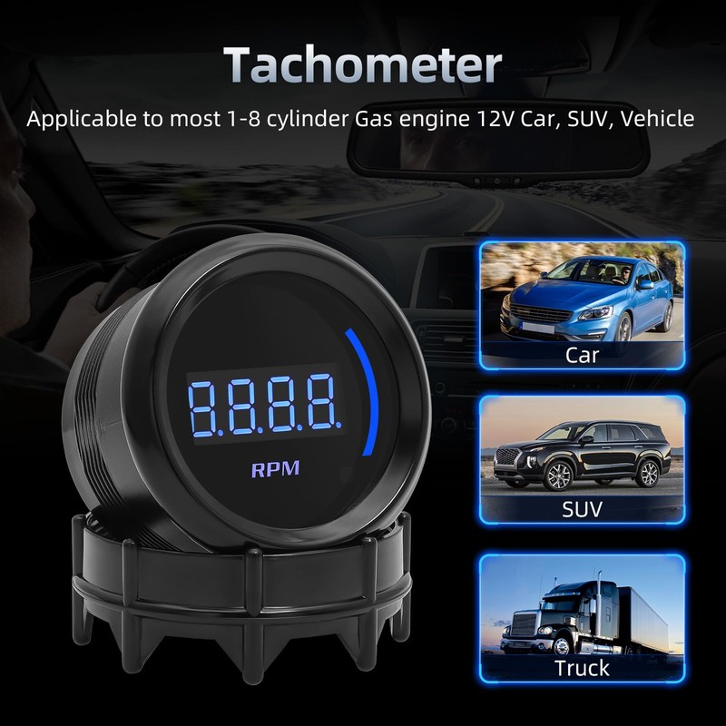 ARTILAURA 2" 52mm Tachometer Gauge 0-9000 RPM Digital Blue Tacho
