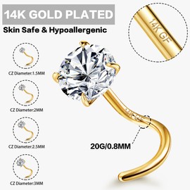 Jstyle 4 Pcs 14K Gold Filled Nose Studs 20G Stainless Steel Stud Nose Ring 1.5-3mm Round CZ Simulated Diamond L Bend Nose Stud Hypoallergenic Nose Piercing