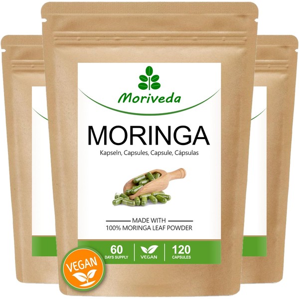 MoriVeda Moringa Capsules 600 mg I Vegan Natural Product in Oleifera Quality I 3 x 120 Capsules