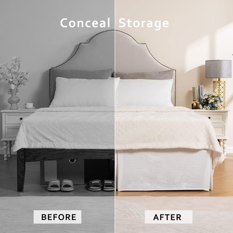 MIYE Pleated Waffle Weave Bed Skirt, Tailored Dust Ruffle 16