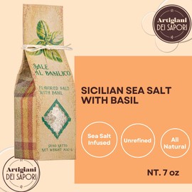 Sicilian Sea Salt with Basil, 7 oz, All-Natural Unrefined Flavored Sea Salt Infused with Basil, Artigiani dei Sapori