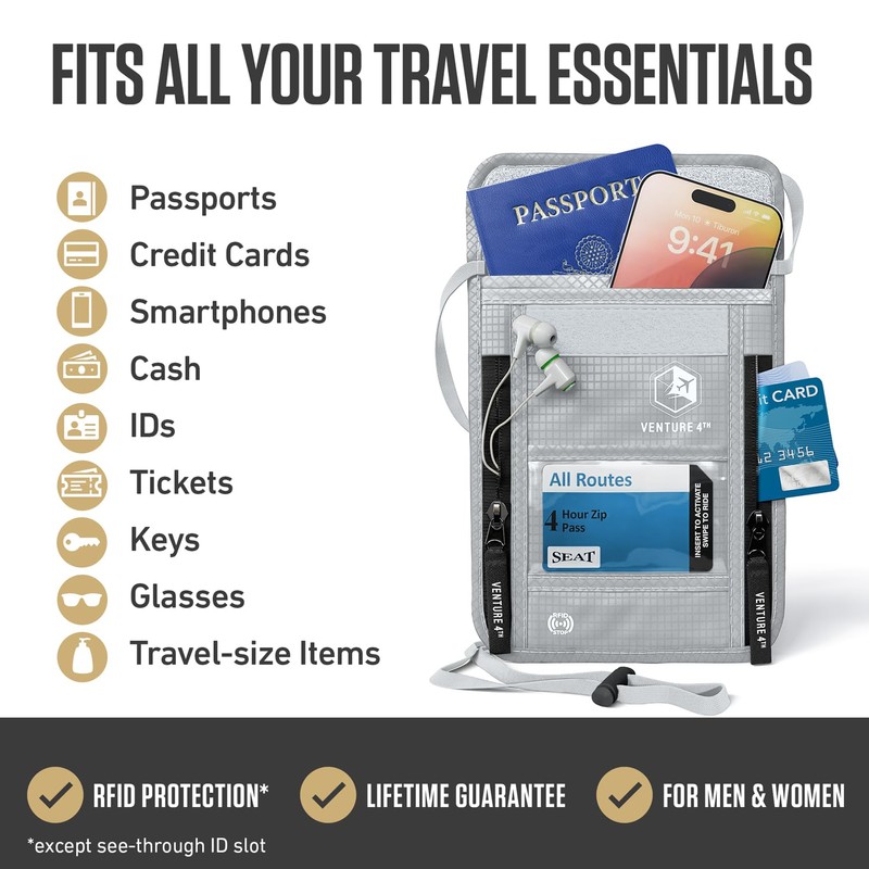 VENTURE 4TH Neck Wallet, RFID Blocking Passport Holder for Travel