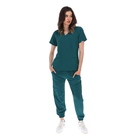 Pijama Quirúrgica Scrub Anti fluidos para Mujer con pantalón Jogger y Bolsillos (L, Verde Botella)