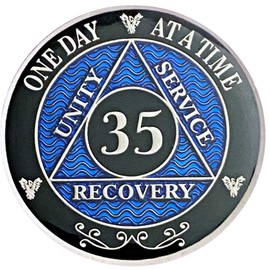 Simply Minimal AA 35 Year Silver Color Plated Recovery Coins, Alcoholics Anonymous Medallions (Blue AA 35 Year Medallion)