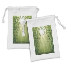 Ambesonne Forest Fabric Pouch Set of 2, Image of Exotic Trees in Rain Forest Far Eastern Wildlife Tropical Nature Inspired, Small Drawstring Bag for Toiletries Masks and Favors, 9" x 6", Green
