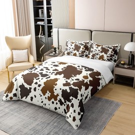 jejeloiu Cow Print Kids Duvet Cover 100% Cotton Queen Size Brown White Rugs for Living Room Cartoon Milk Cow Bedspread Cover Cute Animal Comforter Cover Set