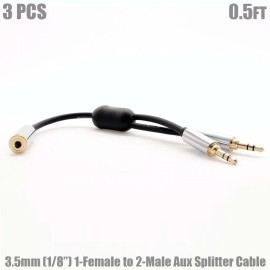 Universal 3x 0.5FT 3.5mm 1/8" Female to Dual Male Jacks Stereo Audio AUX Y-Splitter Cable