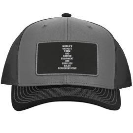 World's Okayest Farm and Garden Equipment and Supplies Sales Representative - Leather Black Patch Engraved Trucker Hat, Grey-Steel, One Size