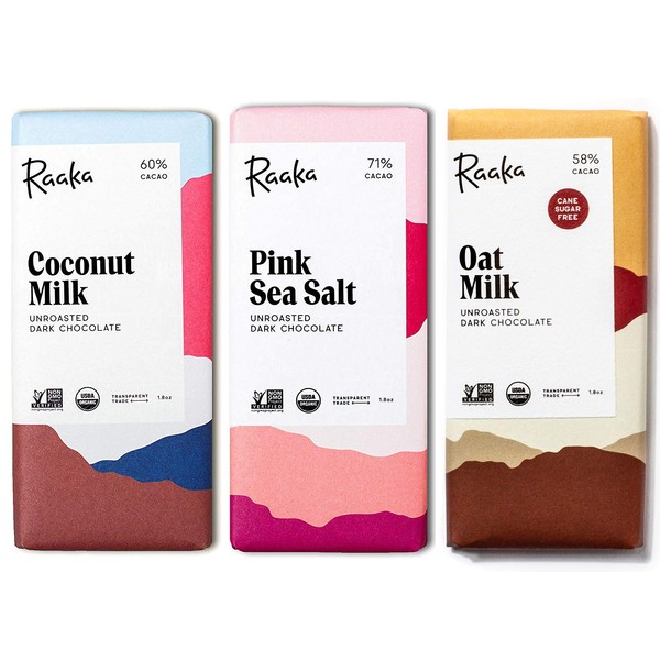 Raaka Chocolate Dairy-Free Pack | Gourmet Bean-to-Bar Dark Chocolate | Organic, Kosher, Vegan, Gluten-Free | Chocolate Lover’s Gift | 1.8oz Bars, 3-Pack