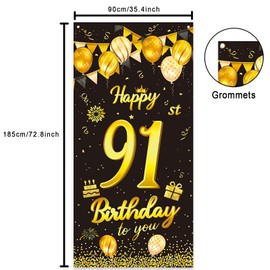 wongmode Happy 91st Birthday to You Door Banner Backdrop Black Gold Sign Theme Party Decor Picks for 91 Years Old Birthday Bunting Garland Decorations Supplies