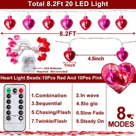 Remote Control & 8 Modes - Valentines Day Decorations Heart String Lights with Timer 8.2 Ft 20 LED Red Pink Heart Lights Battery Operated Valentine Lights Decor for Home Indoor Outdoor Wedding