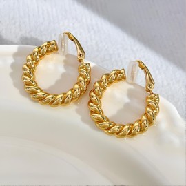 RAUCHBE Gold Hoop Clip On Earrings for Women Twisted Thick Hoop Earrings Hypoallergenic Non Pierced Ears Hoops Jewelry