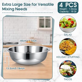 Nuogo 4 Pcs Stainless Steel Mixing Bowls Metal Mixing Bowls Extra Large Basin Salad Basin Deeper Edge Dishwasher Safe Mirror Finish for Home and Commercial, Silver (18 Inch 16 Qt)
