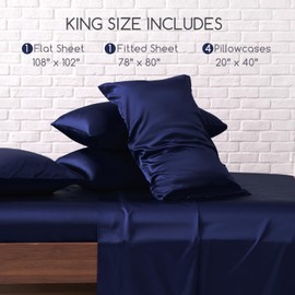 MR&HM Satin Bed Sheets, King Size Sheets Set, 6 Pcs Silky Bedding Set with 15 Inches Deep Pocket for Mattress(King, Navy Blue)
