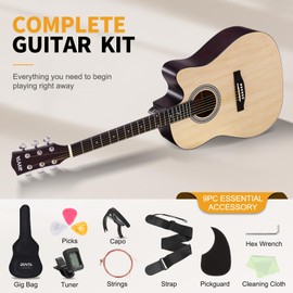 RIVVTA Acoustic Guitar Kit for Beginners Adults, 41 Inch Cutaway Acoustic Electric Guitar with Tuner, Strings, Picks, Strap, Pickguard, Capo, Hex Wrench, Gig Bag, Cleaning Cloth, Natural